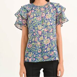 Banjanan Andrea Ruffle‎ Sleeve Top in Poppy Mallow Surf - 100% cotton - Medium